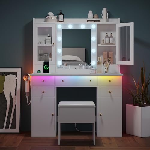 White Makeup Vanity Desk with Mirror, Lights, Storage Drawers & Chair D627