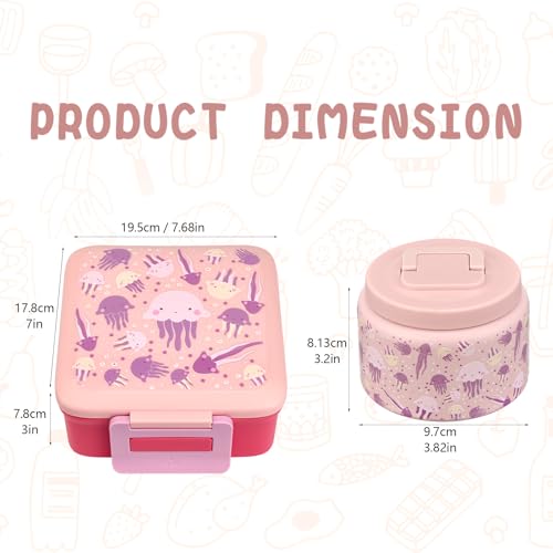 Bento Lunch Box for Kids with 5 Compartments and Thermos, Blue Dinosaur G749