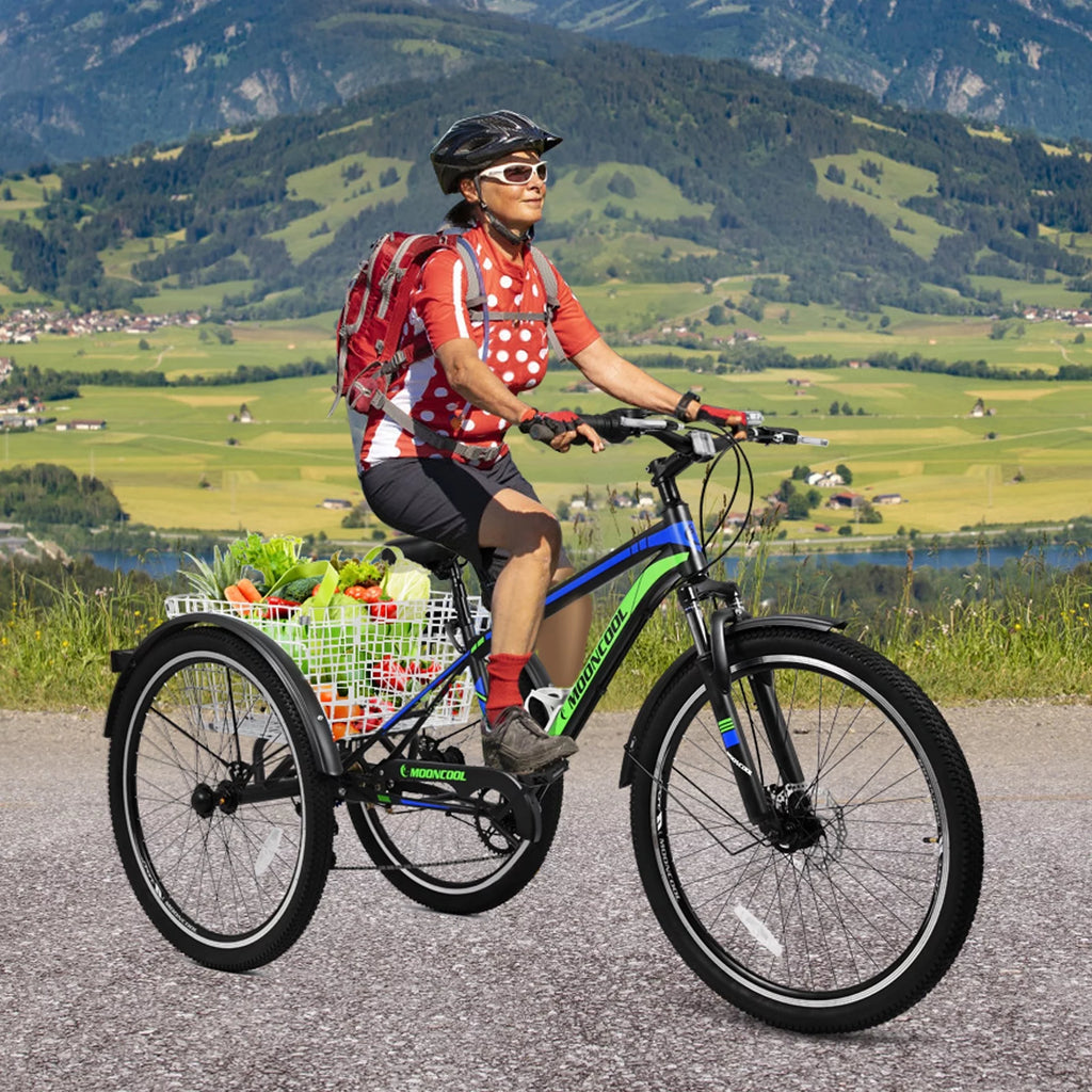 Slsy Mountain Tricycle for Adults, 7 Speed Three Wheel Bike with Cargo Basket I576