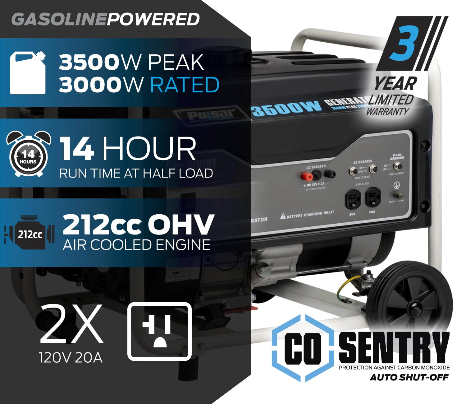 Pulsar 3500-Watt Gasoline Generator with CO Sentry G231387