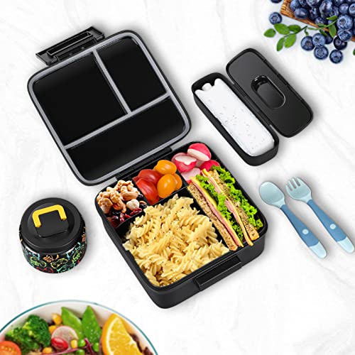 Bento Lunch Box for Kids with 5 Compartments and Thermos, Blue Dinosaur G749