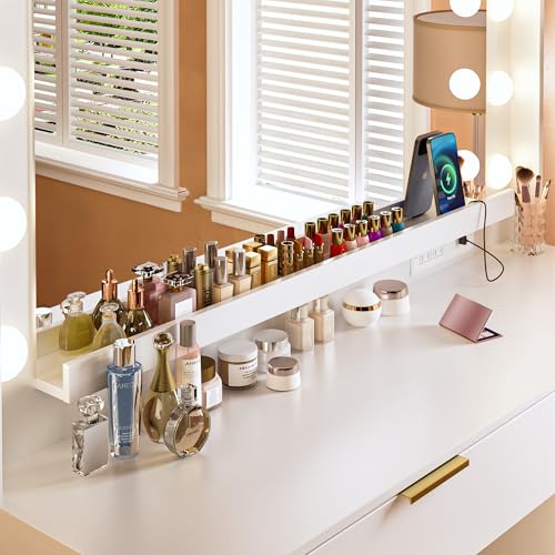 White Vanity Desk with Large Mirror and Lights I322