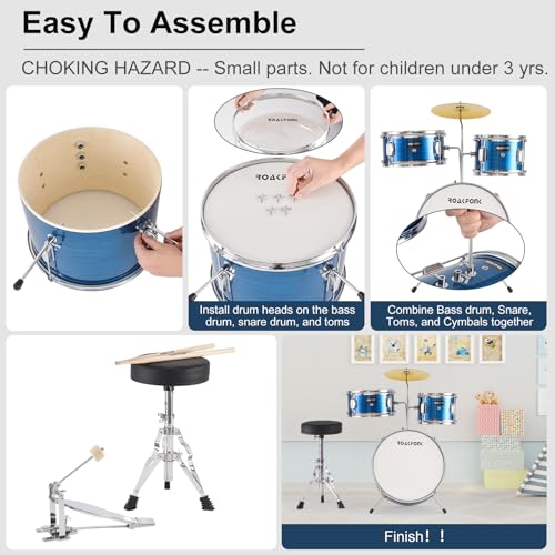 3 Piece Kids Drum Set with Throne, 14'' Bass Drum, Adjustable Seat W12582