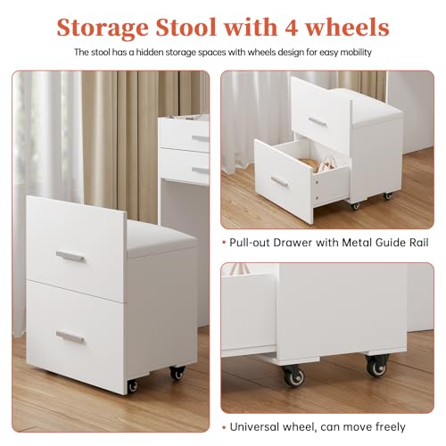 Compact Vanity with 3 Drawers, Makeup Desk with Lighted Mirror and Stool, White P76418
