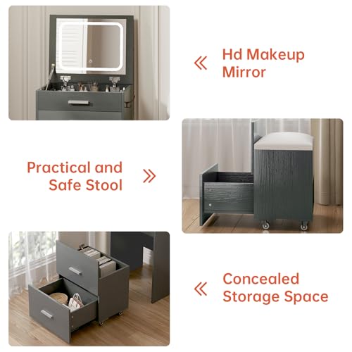Compact Vanity with 3 Drawers, Makeup Desk with Lighted Mirror and Stool, White P76418