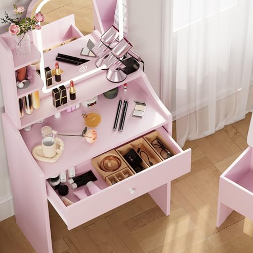 LIKIMIO Small Makeup Vanity Desk with Mirror and Lights, White S9485