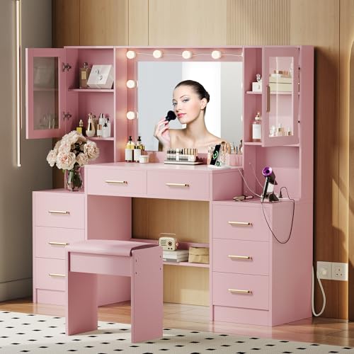 White Makeup Vanity Desk with Charging Station and Lights K58637