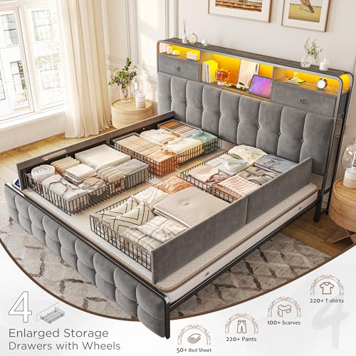 EnHomee King Size Bed Frame with 4 Drawers, Headboard, Charging Station and LED Lights, Grey I310