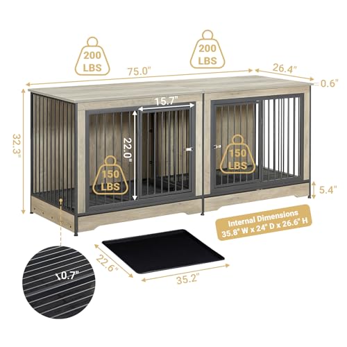 Rovibek 86" Stackable Dog Kennel Furniture with Removable Divider & 3 Doors, Rustic Brown I176