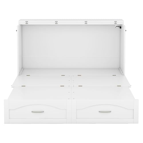 Queen Size Murphy Wall Bed with Storage and Bookcase Headboard, Solid Wood, White F901