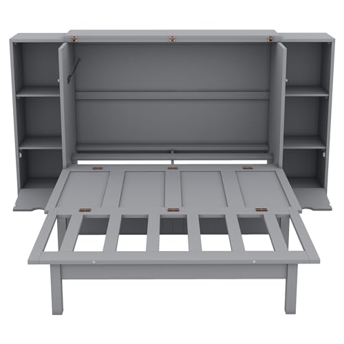 Queen Size Murphy Wall Bed with Storage and Bookcase Headboard, Solid Wood, White F901