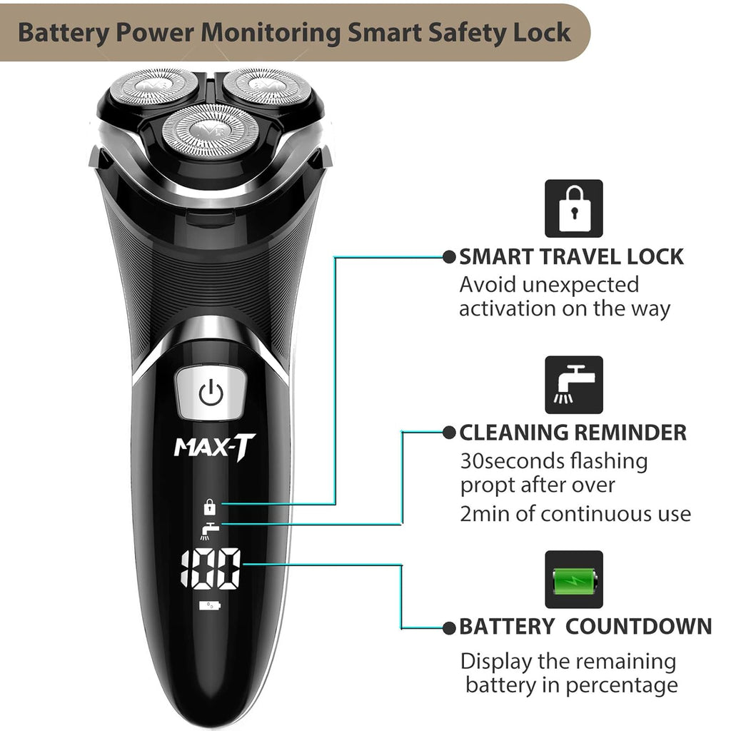 MAX-T Men's Electric Shaver Rechargeable 3D Rotary Razor with Pop-up Trimmer, Black, 2-Pack P7169