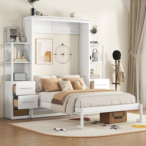 MERITLINE Queen Murphy Bed with Storage Drawers, LED Lights and Shelves, Grey P714