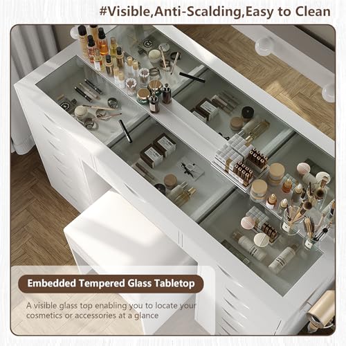 White Vanity Desk with Mirror, Lights, Charging Station and Chair C61521