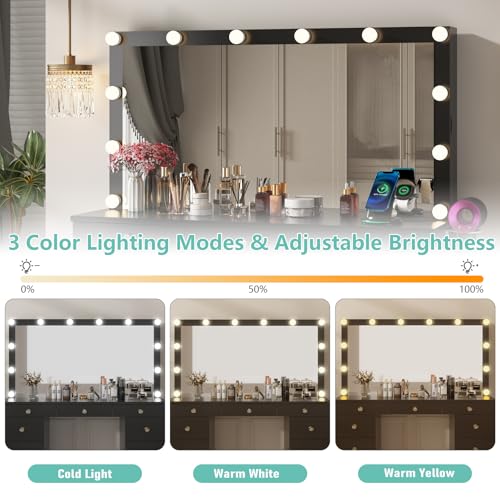 Likein Vanity Desk with Mirror and Lights, White Makeup Dressing Table with 11 Drawers G1478