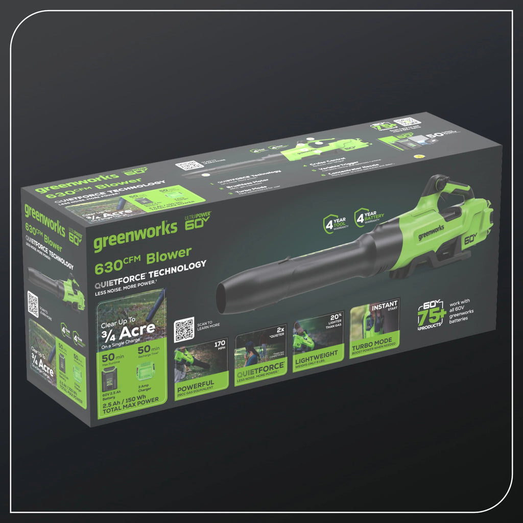 Greenworks 60V 630 CFM 170 MPH Leaf Blower with 2.5 Ah Battery & Charger N4416