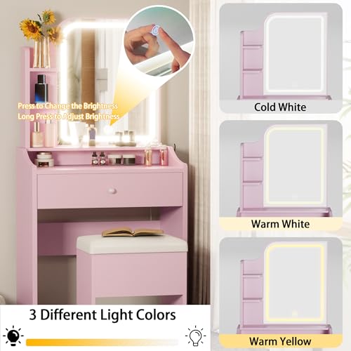 LIKIMIO Small Makeup Vanity Desk with Mirror and Lights, White S9485