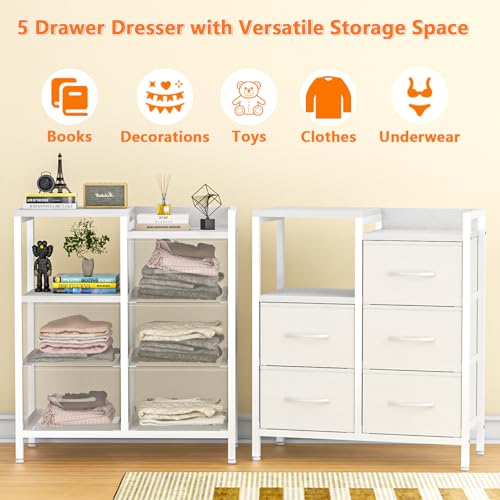 Furnulem 5 Drawer Black Fabric Dresser for Bedroom with Metal Frame D6974
