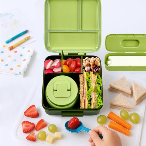 Bento Lunch Box for Kids with 5 Compartments and Thermos, Blue Dinosaur G749