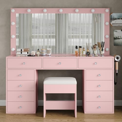 Vanity Desk with Power Outlet, LED Mirror, 11 Drawers and Chair, White H391193