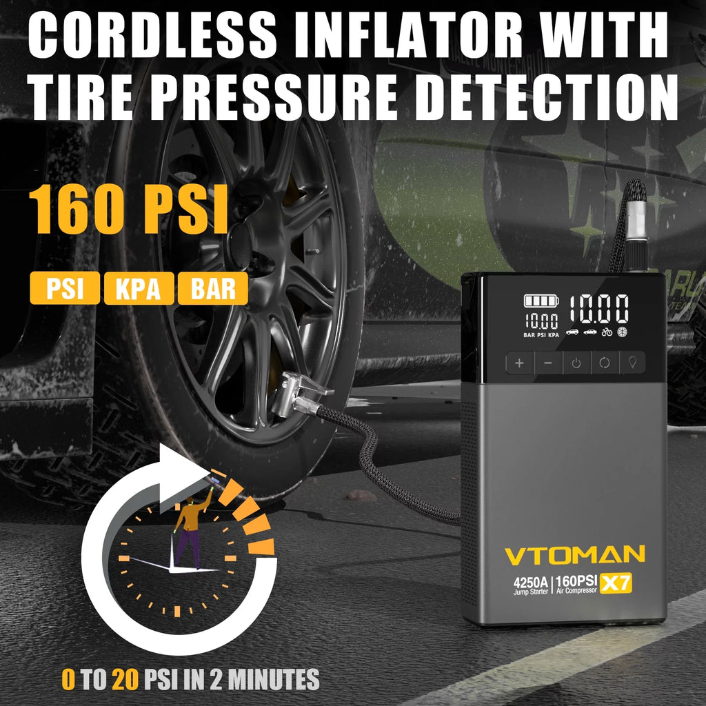 VTOMAN Jump Starter with Air Compressor, 4250A Peak, 160PSI Tire Inflator E855