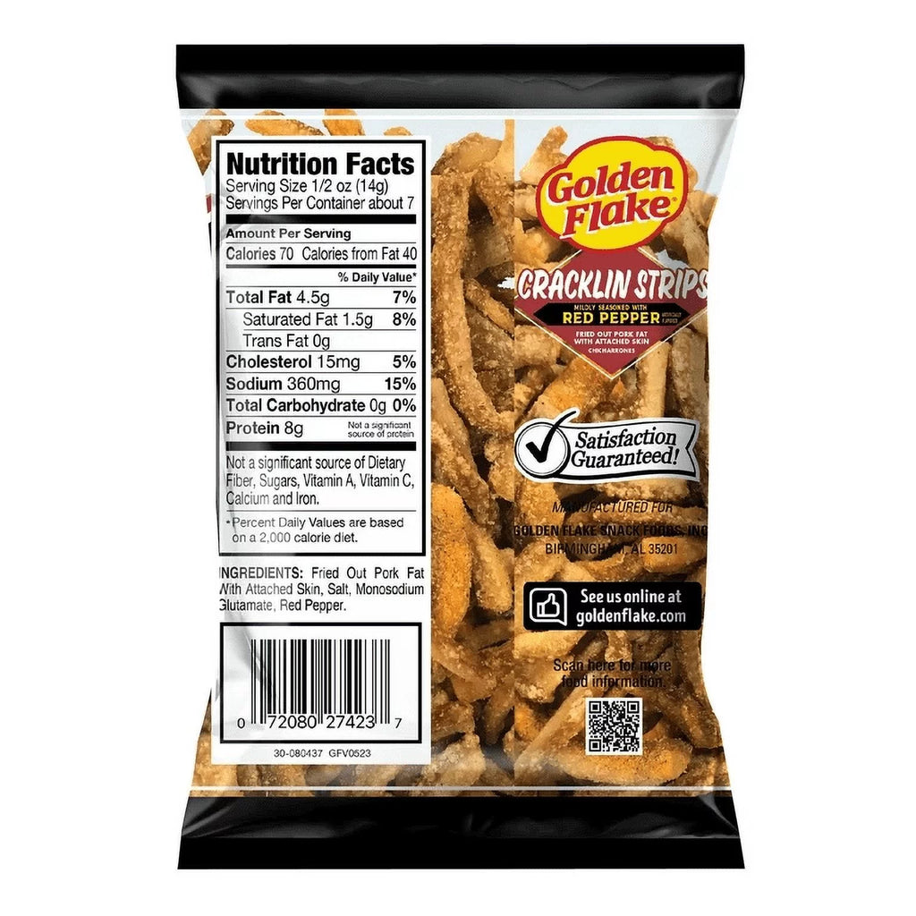 Golden Flake Fried Pork Cracklin Mildly Seasoned with Red Pepper, 3.5 oz. Bags (6 Pack) Y768