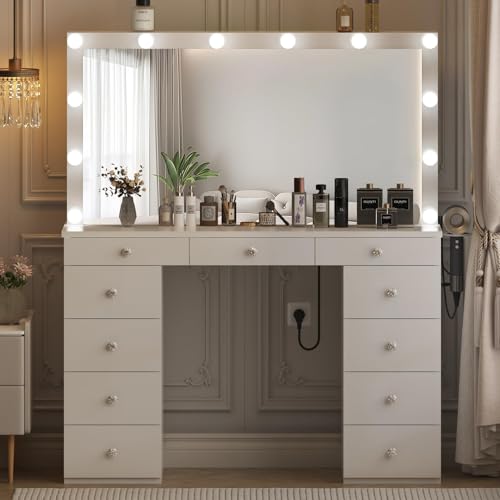 Likein Vanity Desk with Mirror and Lights, White Makeup Dressing Table with 11 Drawers G1478