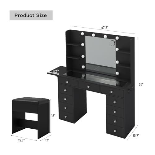 55" Vanity Desk with Charging Station and Lighted Mirror, Black Z765