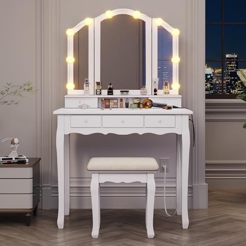 Tiptiper White Makeup Vanity with Lights, Mirror & Stool F7341