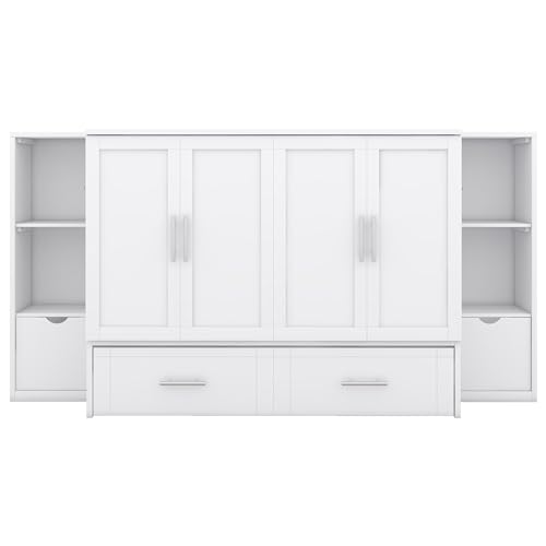 Queen Size Murphy Wall Bed with Storage and Bookcase Headboard, Solid Wood, White F901