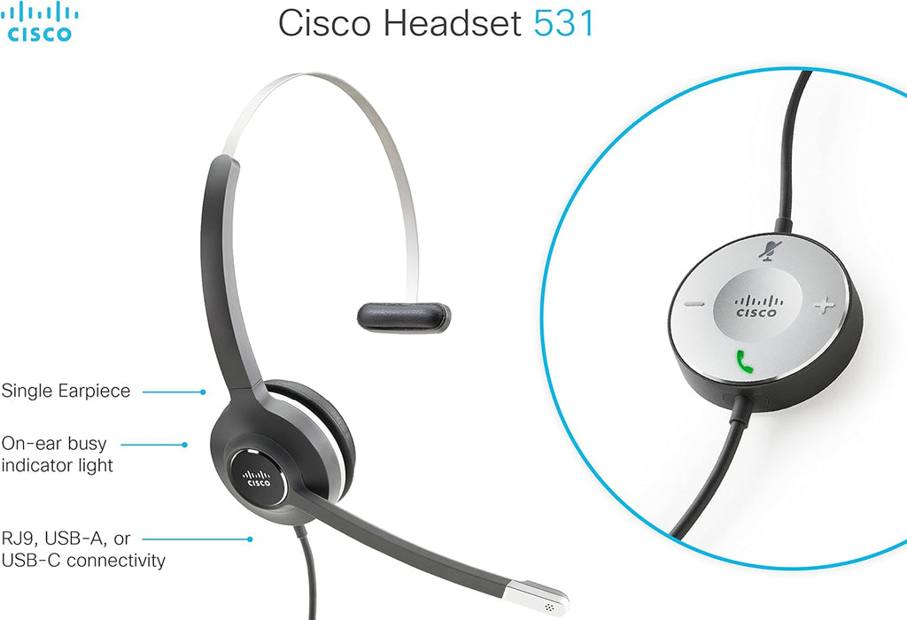 Cisco Headset 531 Wired On-Ear with USB-A Adapter, Charcoal A1615