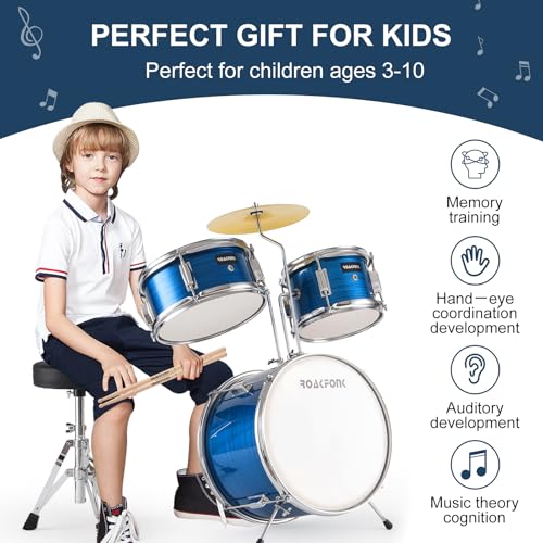 3 Piece Kids Drum Set with Throne, 14'' Bass Drum, Adjustable Seat W12582