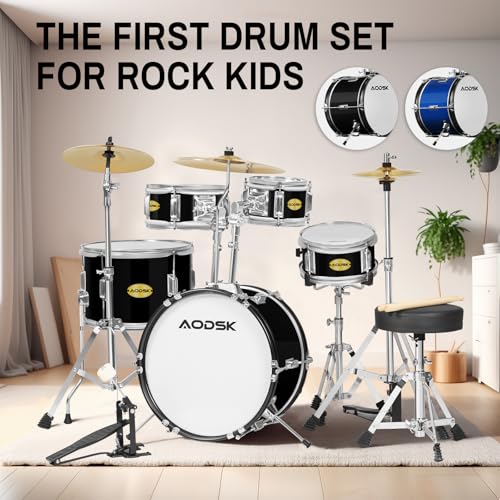 AODSK 5-Piece Kid Drum Set with Cymbal, Hi-Hat & Pedal, Black V3743