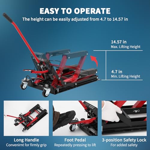 Hydraulic Motorcycle Lift Jack 1500Lb ATV Scissor Lift with Height Adjustment, Red I401623