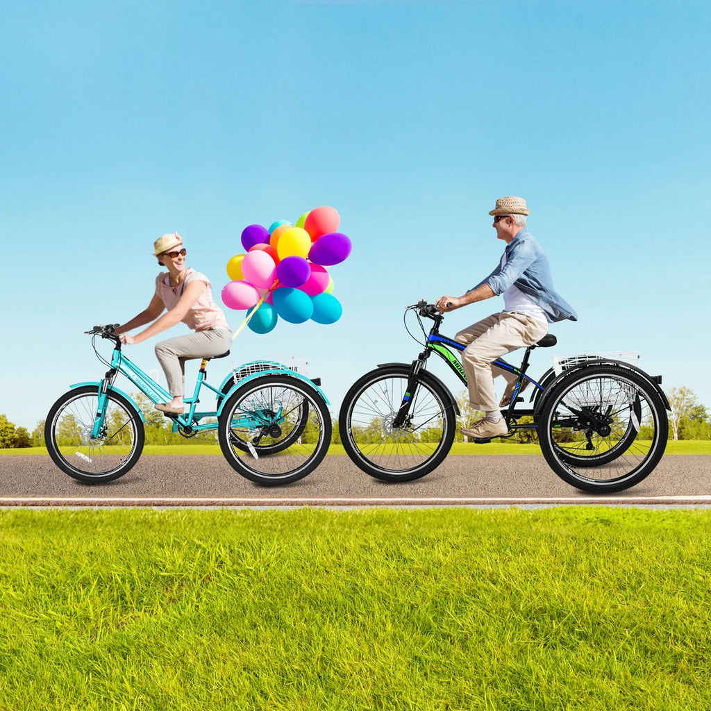 Slsy Mountain Tricycle for Adults, 7 Speed Three Wheel Bike with Cargo Basket I576