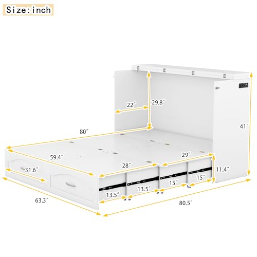 Queen Size Murphy Wall Bed with Storage and Bookcase Headboard, Solid Wood, White F901