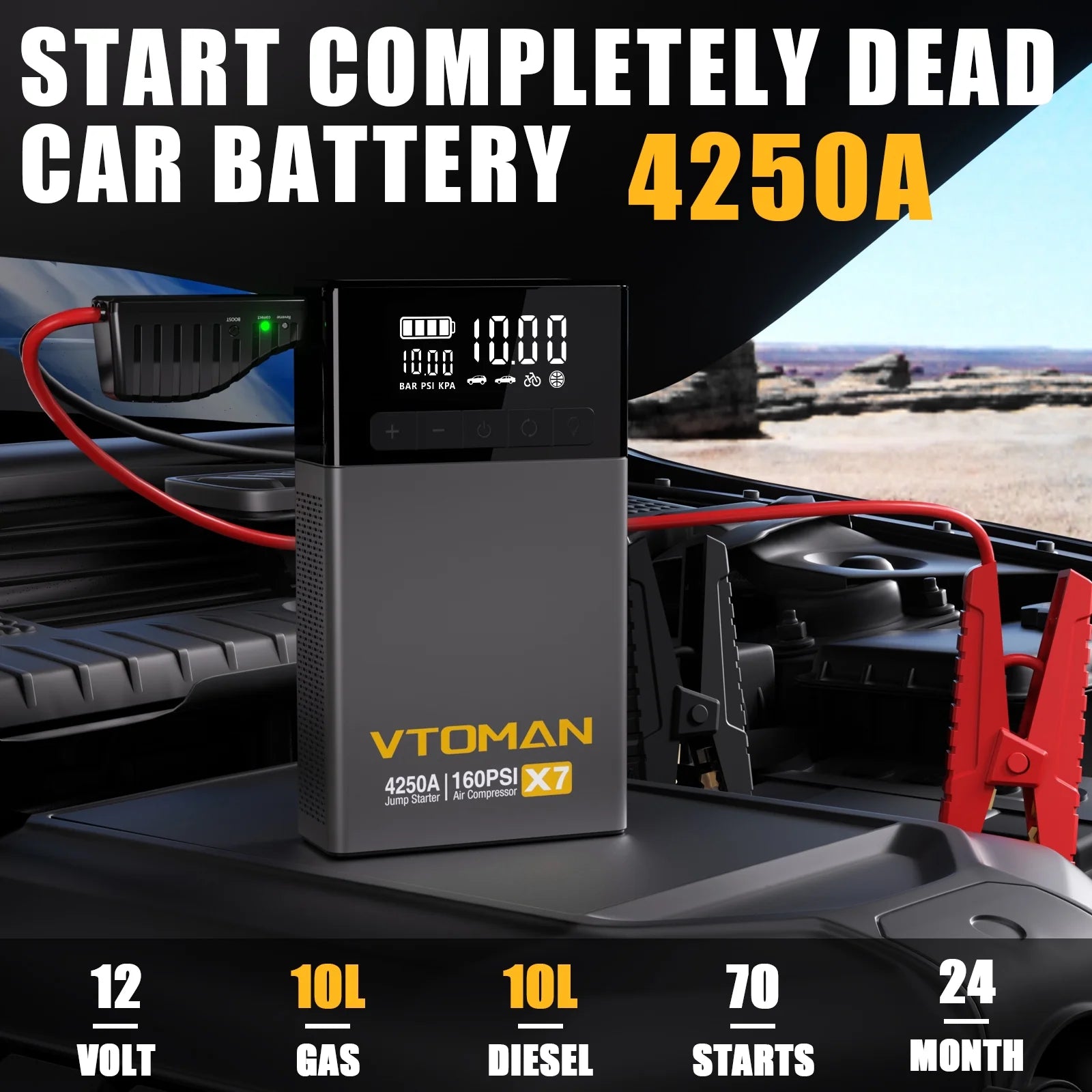 VTOMAN Jump Starter with Air Compressor, 4250A Peak, 160PSI Tire Inflator E855