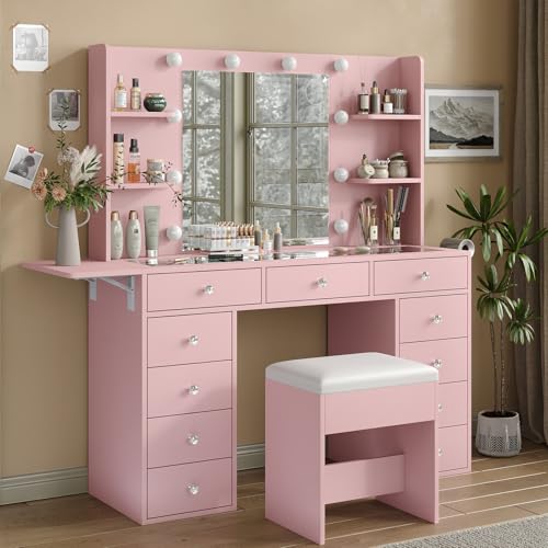 55" Vanity Desk with Charging Station and Lighted Mirror, Black Z765