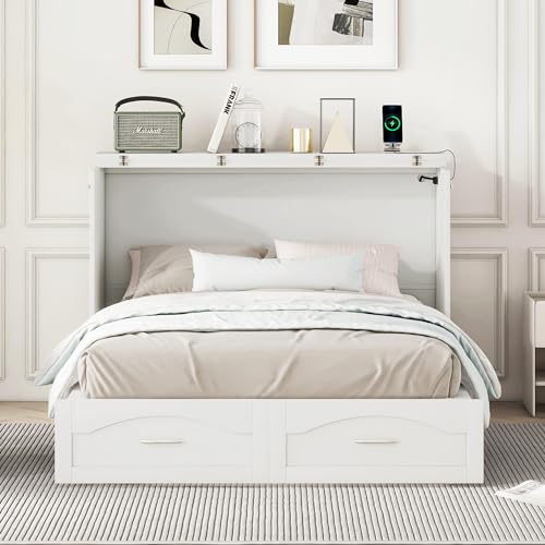 Queen Size Murphy Wall Bed with Storage and Bookcase Headboard, Solid Wood, White F901