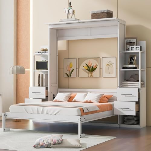 MERITLINE Queen Murphy Bed with Storage Drawers, LED Lights and Shelves, Grey P714