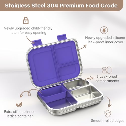 Stainless Steel Bento Box for Kids, 3 Compartments, Leak Proof, Dishwasher Safe, Pink A5921