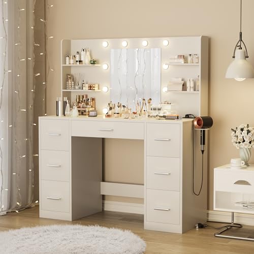 Furmax Vanity Desk with Mirror, LED Lights and Power Outlet, White O83814