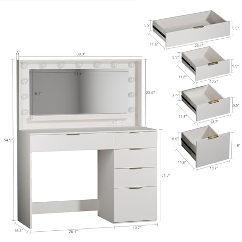 White Vanity Desk with Large Mirror and Lights I322