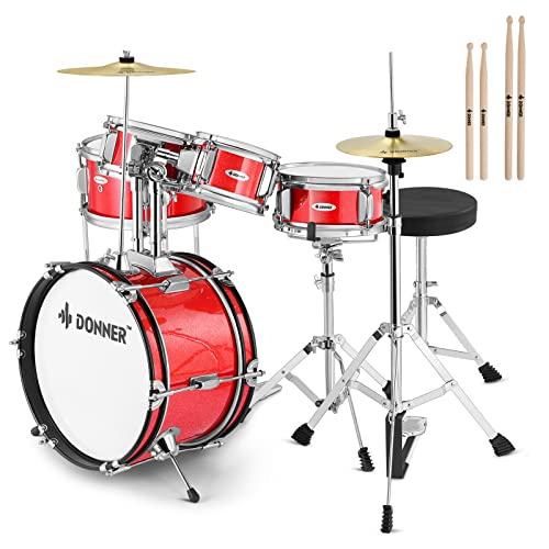 Donner 5-Piece Kid Drum Set for Beginners, 14 Inch Full Size, Metallic Black H8038