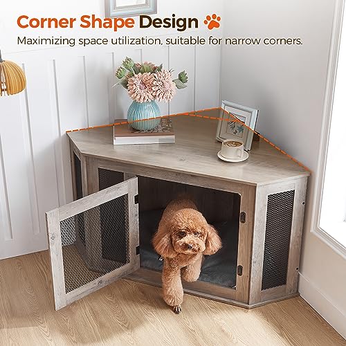 Corner Dog Crate Furniture Wooden Kennel End Table for Small Medium Dogs Greige and Black V3428