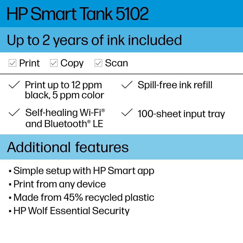 HP Smart Tank 5102 Wireless All-in-One Color Inkjet Printer S79117