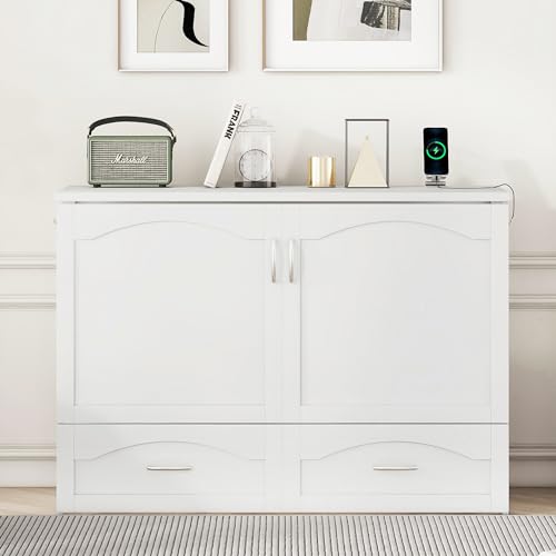 Queen Size Murphy Wall Bed with Storage and Bookcase Headboard, Solid Wood, White F901