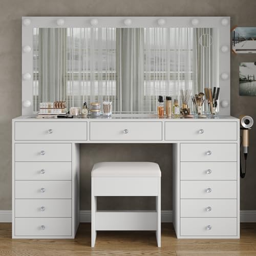 55" Vanity Desk with Charging Station and Lighted Mirror, Black Z765