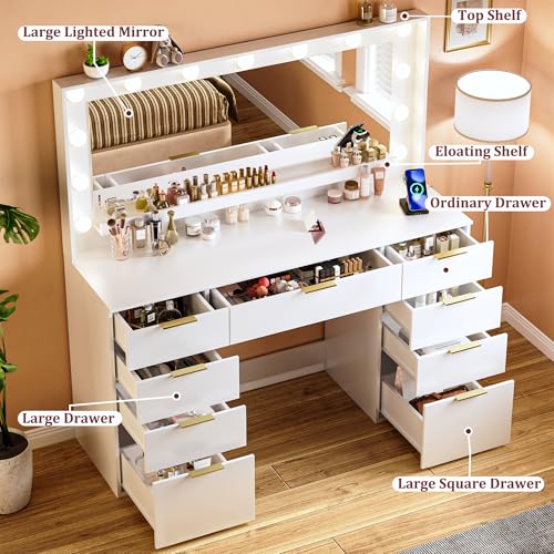 White Vanity Desk with Large Mirror and Lights I322