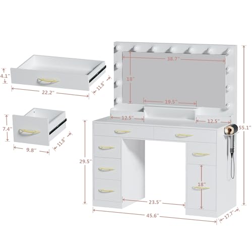 White Vanity Desk with Lights and Large Mirror F430